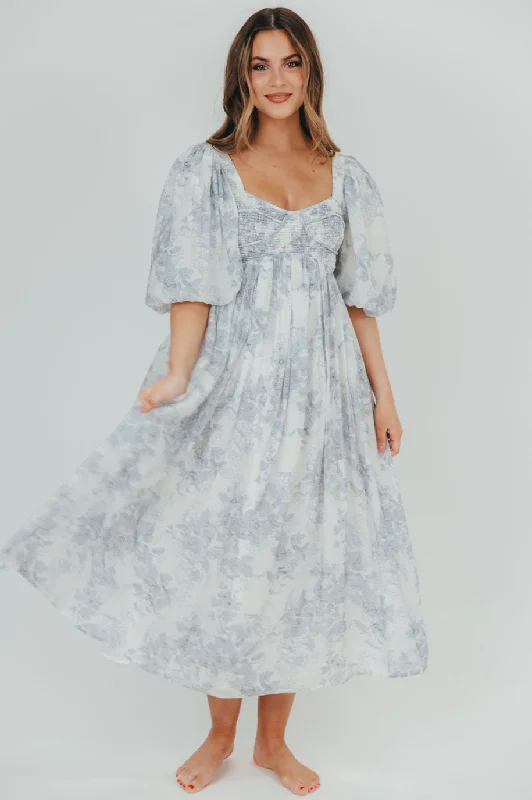 Midi dresses with geometric cutouts for a contemporary and edgy look Harlow Maxi Dress in Light Blue Floral - Bump Friendly and Size Inclusive (S-3XL)
