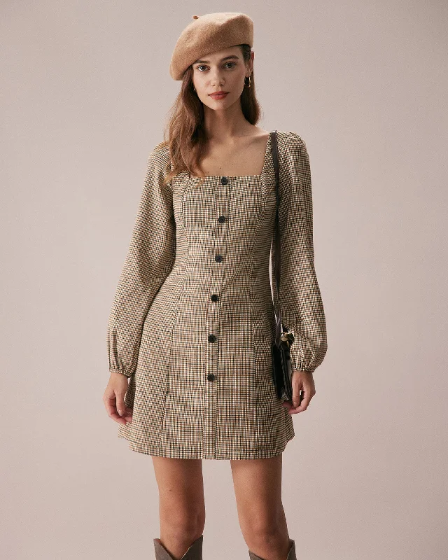 Mini dresses with V - necklines for a flattering shape The Khaki Square Neck Plaid Button Mini Dress
