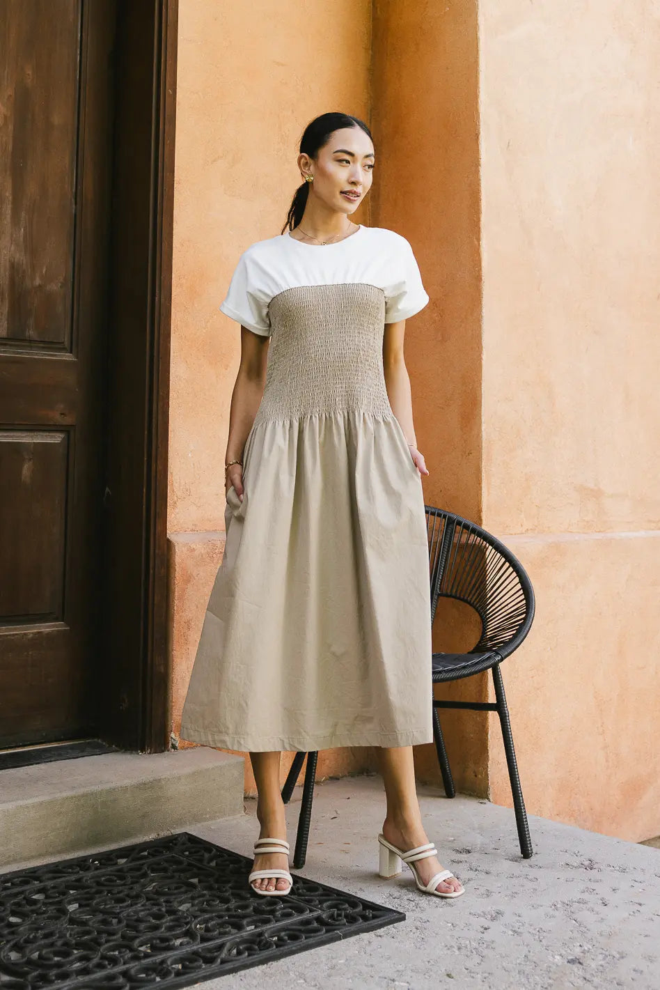 Midi dresses with button - down skirts for a unique and functional design Florence Smocked Midi Dress in Taupe