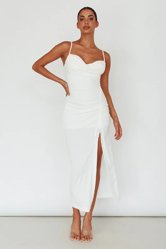 Midi dresses with satin - finish fabrics for a luxurious feel Samba Night Drawstring Ruched Midi Dress White
