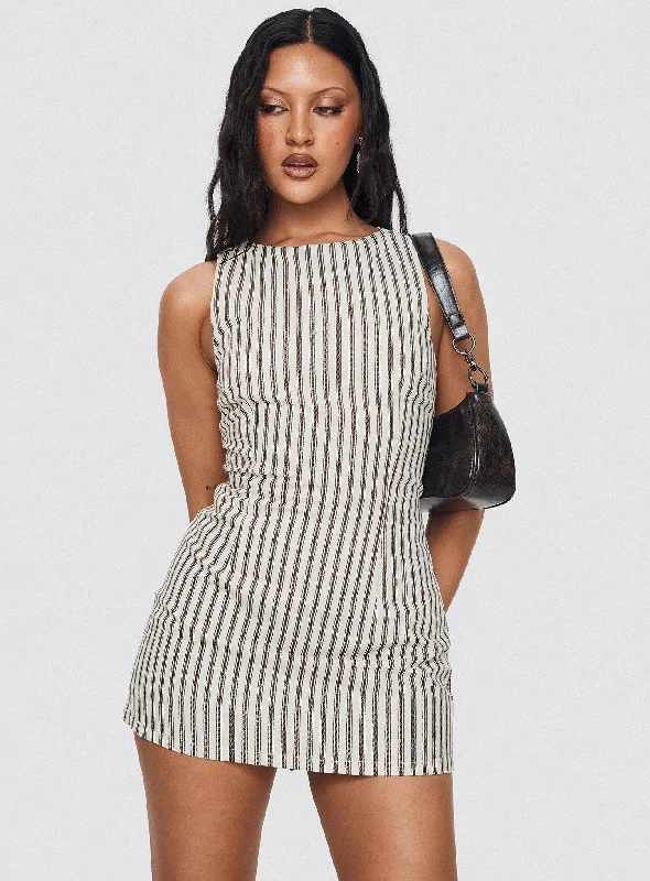 Floral print mini dresses for summer parties Yumiko Romper Brown Stripe