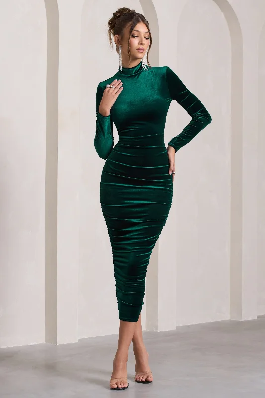 Midi dresses with printed lining for a hidden and stylish detail Joanna | Bottle Green Velvet High-Neck Backless Midi Dress Midi dresses with printed lining for a hidden and stylish detail Joanna | Bottle Green Velvet High-Neck Backless Midi Dress