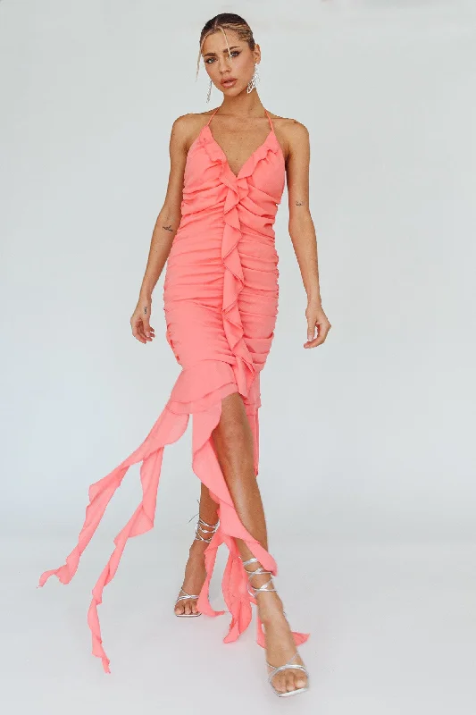 Midi dresses with asymmetric hems for a fashion - forward and dynamic appearance Get Obsessed Ruffle Trim Mini Dress Guava Midi dresses with asymmetric hems for a fashion - forward and dynamic appearance Get Obsessed Ruffle Trim Mini Dress Guava