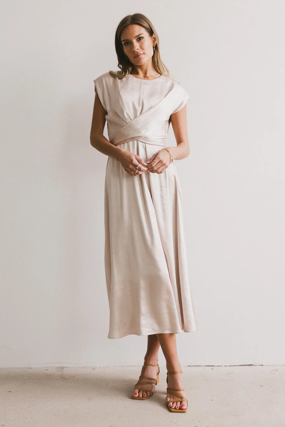 Sleeveless midi dresses with lace details for summer weddings PREORDER- Rosalind Midi Dress in Champagne