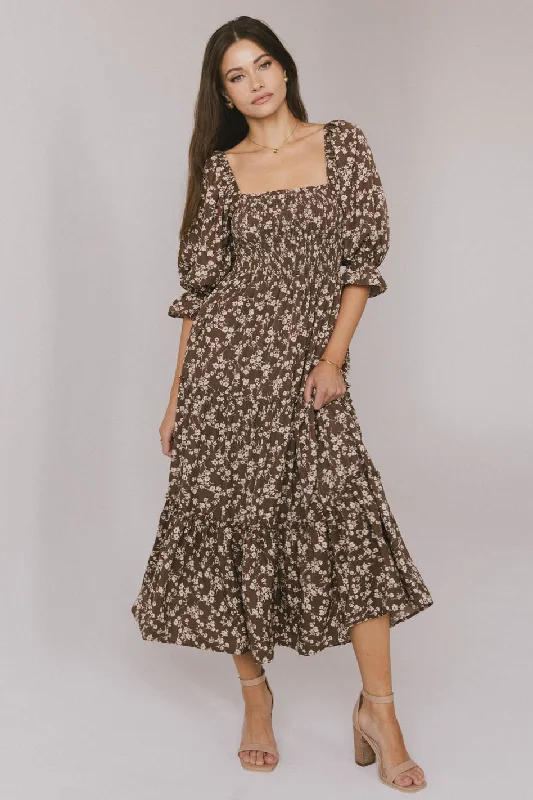 Wrap - style midi dresses in silk for a sophisticated office look Kiran Floral Midi Dress in Brown Wrap - style midi dresses in silk for a sophisticated office look Kiran Floral Midi Dress in Brown