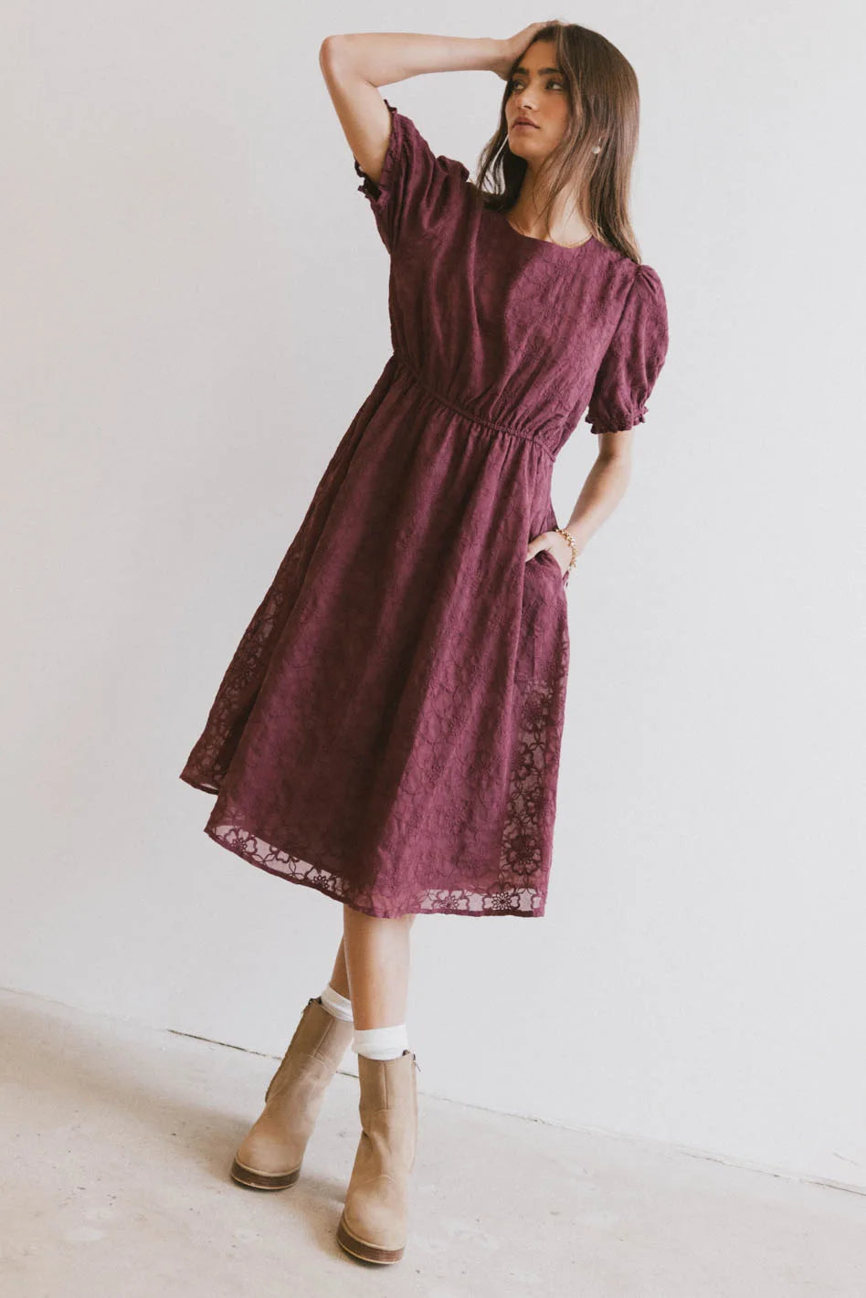 Midi dresses with geometric cutouts for a contemporary and edgy look Cecy Embroidered Midi Dress in Burgundy - FINAL SALE