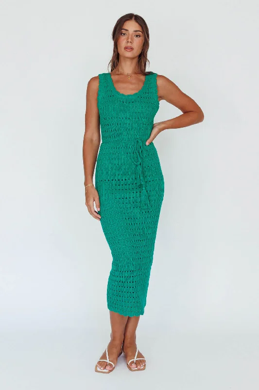 Midi dresses with fringe details for a fun and energetic style Wander Lust Crochet Midi Dress Green