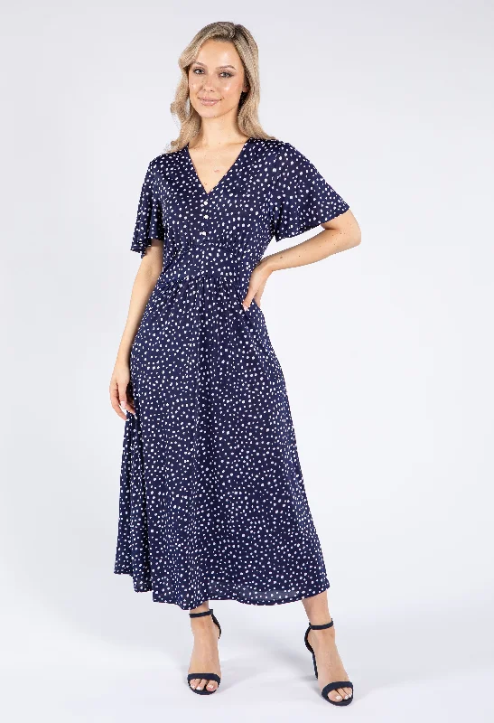 Midi dresses with fringe details for a fun and energetic style Polka Dot V Neck Midi Dress