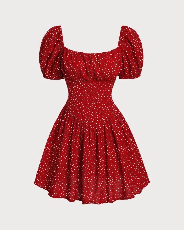 Mini dresses with pleated skirts for a classic look Red Polka Dot Square Neck Mini Dress