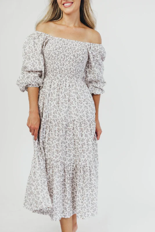 Wrap - style midi dresses in silk for a sophisticated office look Taylor Cotton Smocked Midi Dress with Tiered Skirt in Off-White (XS-XL)