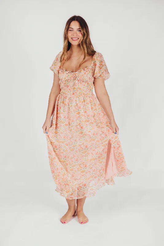 Midi dresses with geometric cutouts for a contemporary and edgy look Lunaria Pleated Bustier Midi Dress in Orange Floral