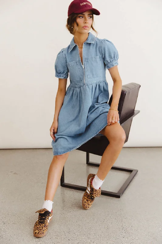 A - line midi dresses with floral prints for spring brunches Georgia Denim Midi Dress