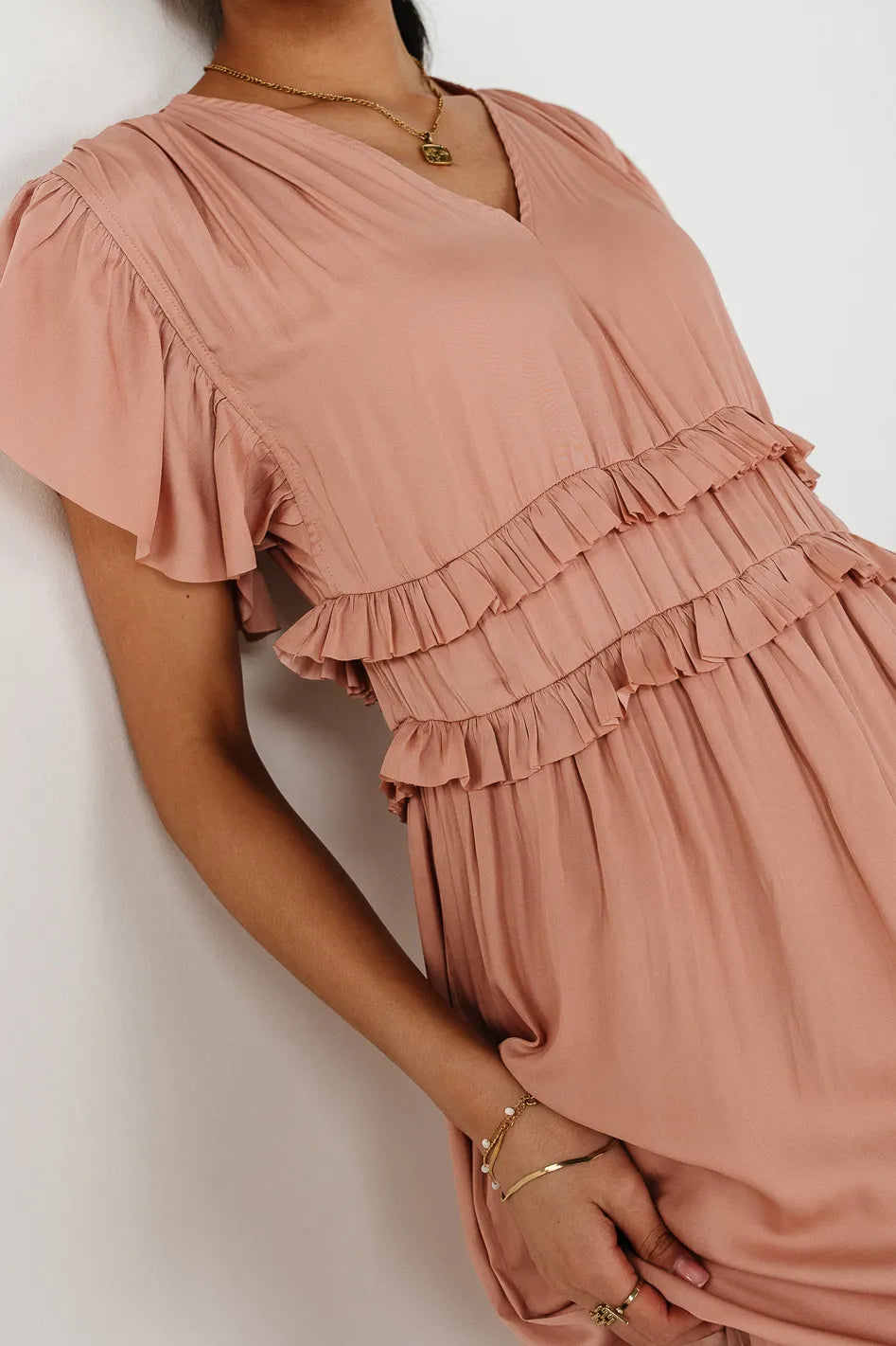 Midi dresses with metallic threads for a glamorous evening event Willa Ruffle Dress in Blush