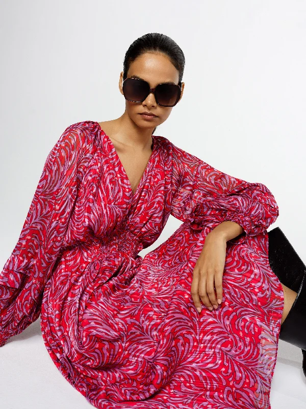 Midi dresses with V - necklines for a flattering and elongating effect Amy Callista Printed Long Sleeve Midi Dress