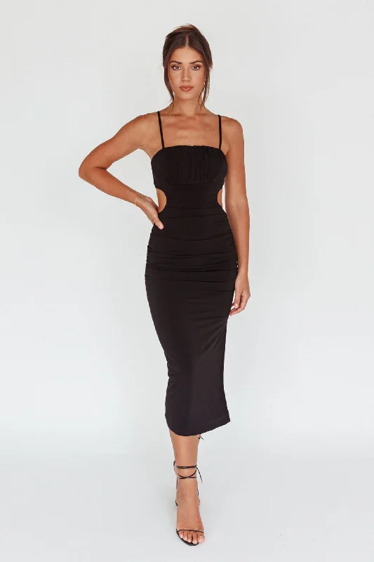 Midi dresses with abstract art prints for an artistic statement Mary Jane Gathered Bust Tie Back Midi Dress Black