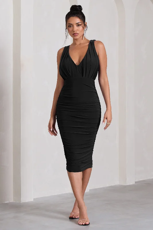 Midi dresses with patchwork patterns for a one - of - a - kind style Marlowe | Black Ruched Plunge Sleeveless Midi Dress Midi dresses with patchwork patterns for a one - of - a - kind style Marlowe | Black Ruched Plunge Sleeveless Midi Dress
