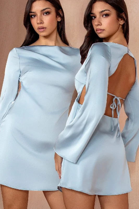 Mini dresses with puff sleeves for a vintage look Cara Pale Blue Satin Backless Dress
