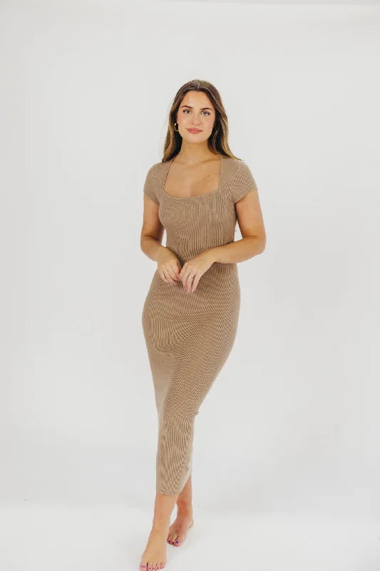 Midi dresses with lace - up fronts for a unique and adjustable style Wren Ribbed Knit Maxi Dress with Square Neckline in Taupe (XS-XL) - Worth Collective Exclusive
