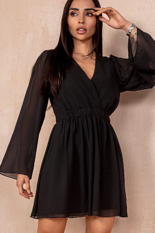 Mini dresses with keyhole necklines Fia Black Chiffon Wrap Dress