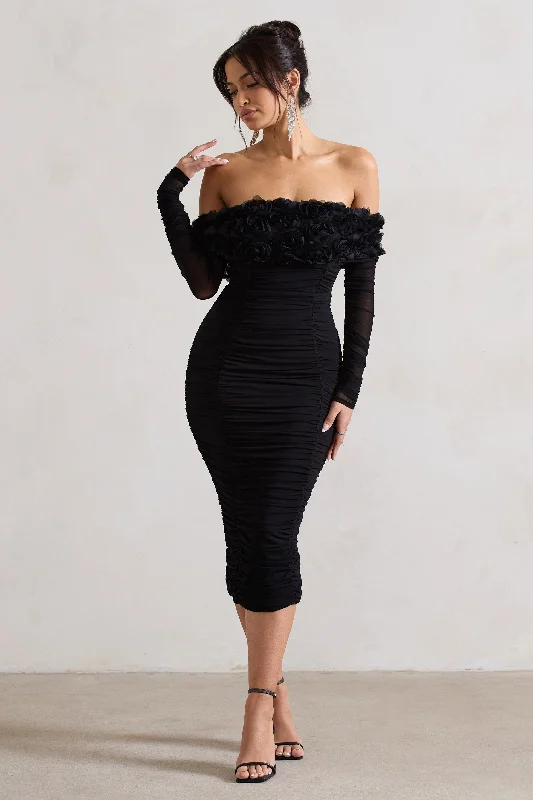 Midi dresses with ruffled bodices for a more pronounced feminine look Sierra | Black Mesh Ruched Floral Bardot Lace-Up Midi Dress