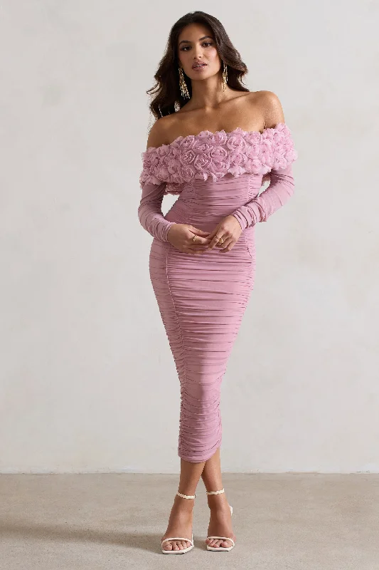 Velvet midi dresses in jewel tones for a glamorous winter event Sierra | Pink Mesh Ruched Floral Bardot Lace-Up Midi Dress