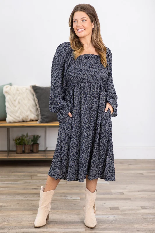 Midi dresses with pom - pom trims for a playful and festive look Graphite Ditsy Floral Square Neck Smocked Dress Midi dresses with pom - pom trims for a playful and festive look Graphite Ditsy Floral Square Neck Smocked Dress