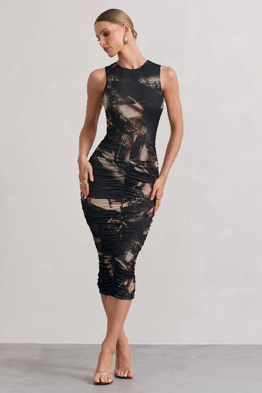 Midi dresses with pleated skirts for a timeless and elegant appeal Antonia | Brown Print Sleeveless Ruched Bodycon Midi Dress