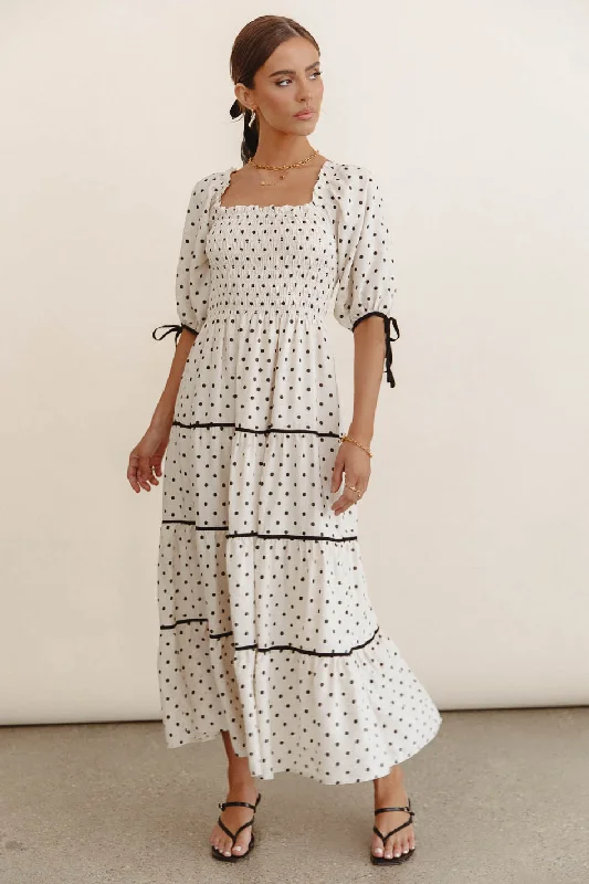 Midi dresses with ruched sleeves for a more fitted and stylish arm look Hunter Smocked Polka Dot Dress Midi dresses with ruched sleeves for a more fitted and stylish arm look Hunter Smocked Polka Dot Dress