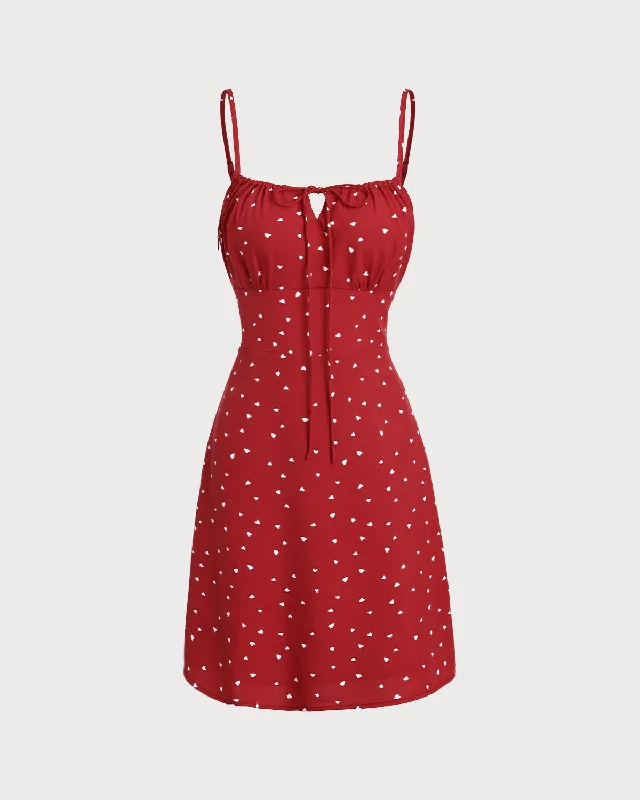 Mini dresses with ruched bodices for a feminine touch Red Heart Pattern Sweetheart Neck Slip Mini Dress