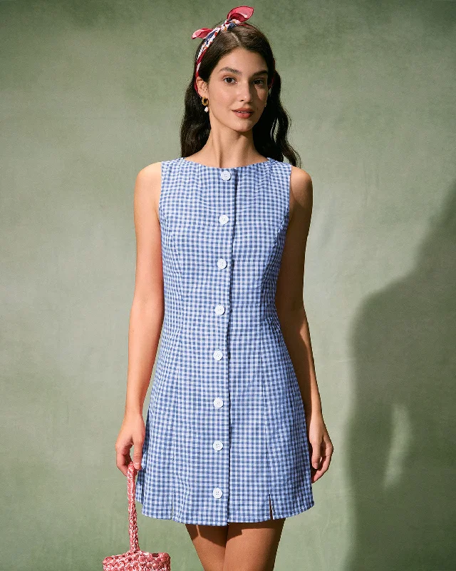 Mini dresses with ribbed textures for a unique appearance The Blue Boat Neck Cotton Plaid Mini Dress Mini dresses with ribbed textures for a unique appearance The Blue Boat Neck Cotton Plaid Mini Dress