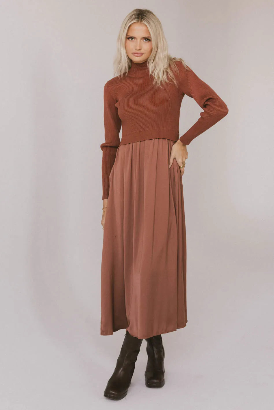 Wrap - style midi dresses in silk for a sophisticated office look Zeda Midi Dress in Rust