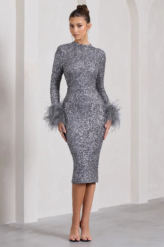 Midi dresses with tassel accents for a bohemian and free - spirited style Marilyn | Silver Sequin Long-Sleeved Midi Dress With Feather Cuffs Midi dresses with tassel accents for a bohemian and free - spirited style Marilyn | Silver Sequin Long-Sleeved Midi Dress With Feather Cuffs