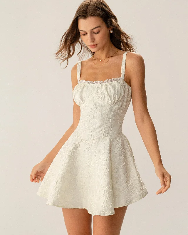 Plaid mini dresses for fall fashion White Jacquard Ruched Slip Mini Dress