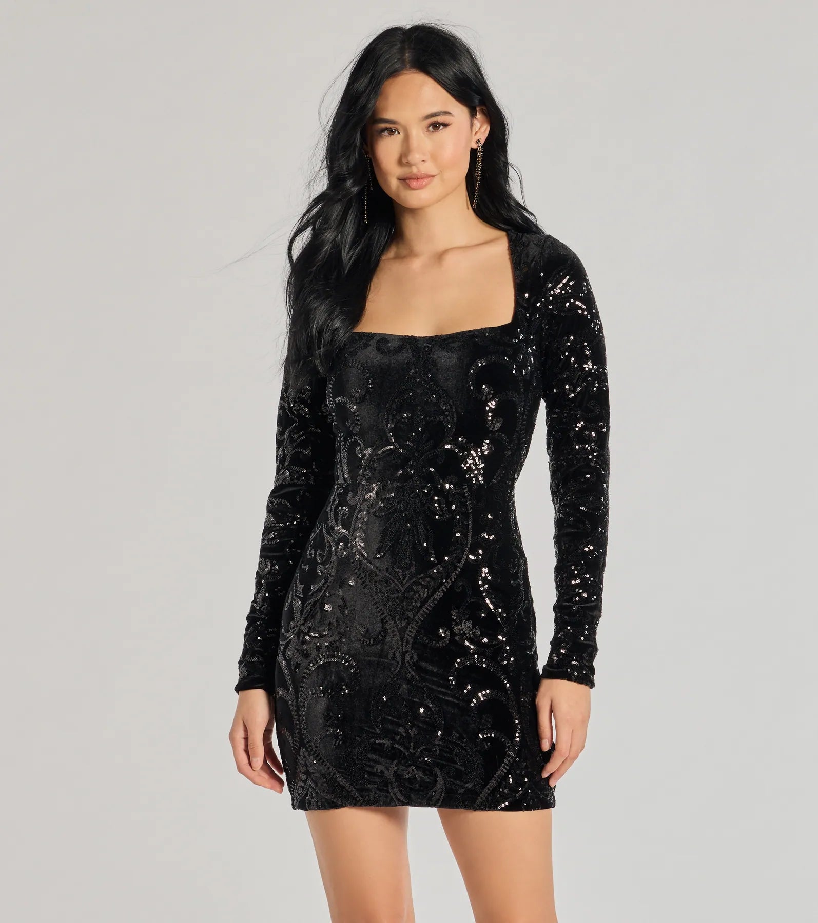 Mini dresses with off - the - shoulder styles Ayden Long Sleeve Velvet Sequin Mini Dress Mini dresses with off - the - shoulder styles Ayden Long Sleeve Velvet Sequin Mini Dress