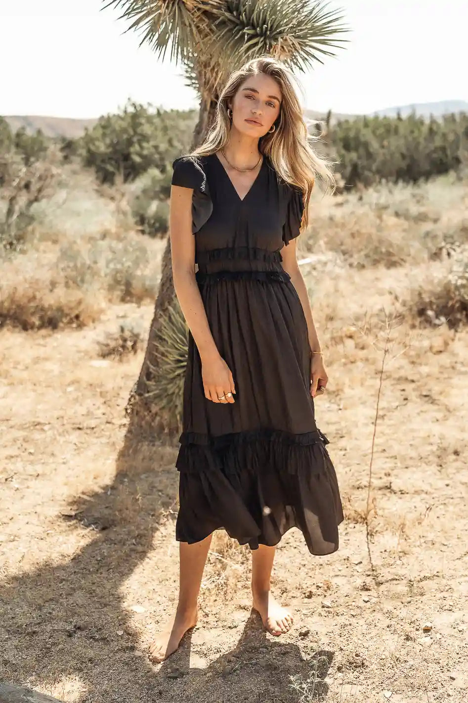 Midi dresses with cold - shoulder cutouts for a trendy style Willa Ruffle Dress in Black