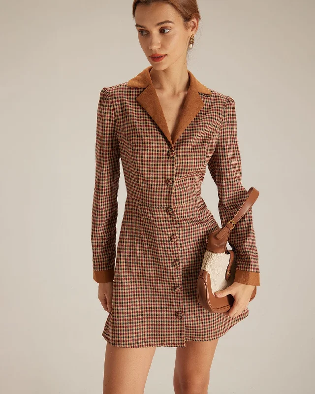 Mini dresses with off - the - shoulder styles The Brown Plaid Spliced Suede Mini Dress