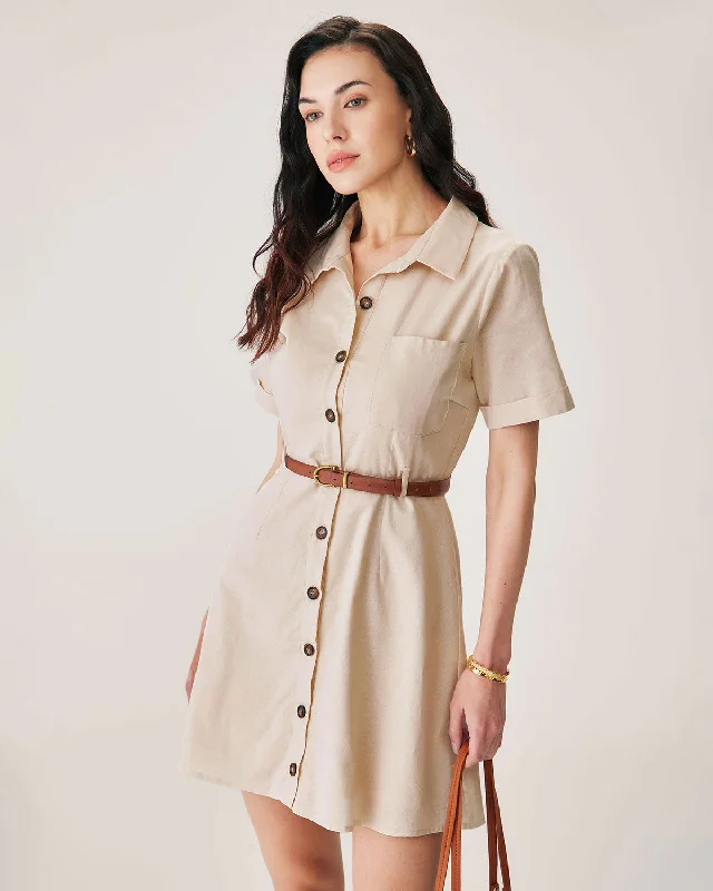 Denim mini dresses with distressed details Apricot Collared Button Mini Dress