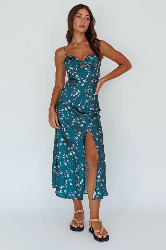 Midi dresses with mesh inserts for a trendy and breathable option Missoula Cami Strap Padded Bust Midi Dress Printed Green