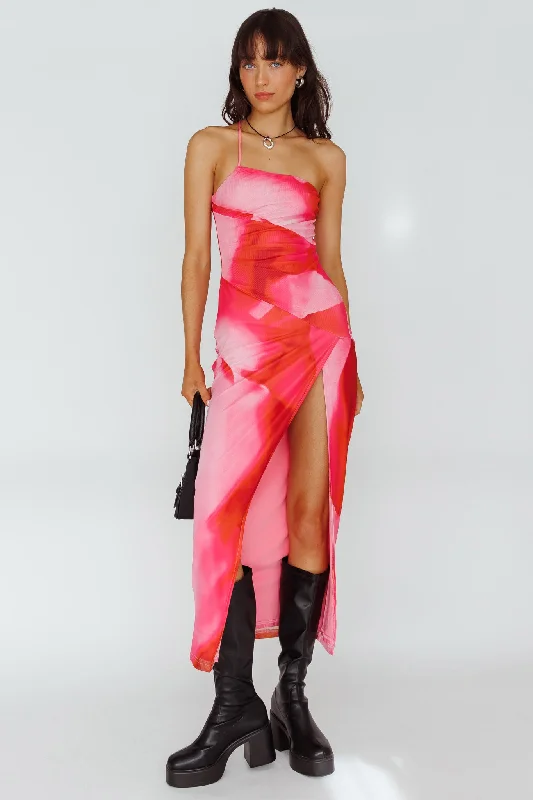 Midi dresses with fringe details for a fun and energetic style Martine One Strap Mesh Midi Dress Print Pink Midi dresses with fringe details for a fun and energetic style Martine One Strap Mesh Midi Dress Print Pink