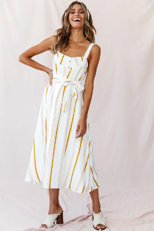 Midi dresses with halter necks for a stylish and comfortable option Colmar Wide Strap Midi Dress White Mustard Stripe Midi dresses with halter necks for a stylish and comfortable option Colmar Wide Strap Midi Dress White Mustard Stripe