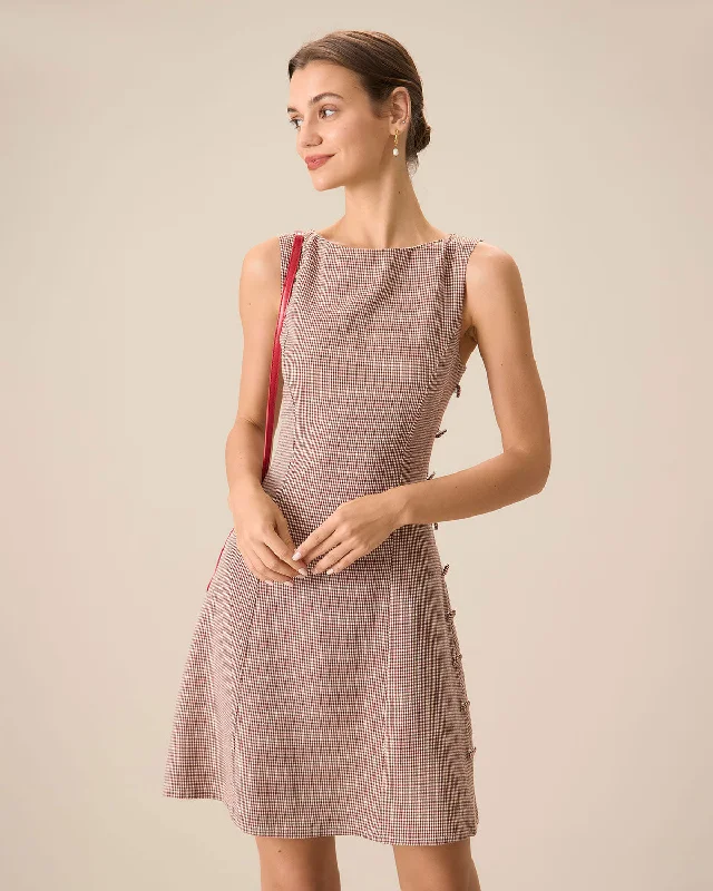 Mini dresses with geometric prints for a modern aesthetic Women's Boat Neck Brown Plaid Mini Dress Mini dresses with geometric prints for a modern aesthetic Women's Boat Neck Brown Plaid Mini Dress