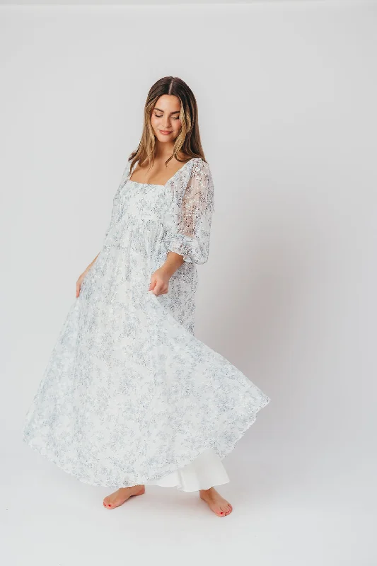 Midi dresses with off - the - shoulder necklines for a flirty look Mona Maxi Dress with Smocking in Blue White - Bump Friendly & Inclusive Sizing (S-3XL) (Restocking 4/4)