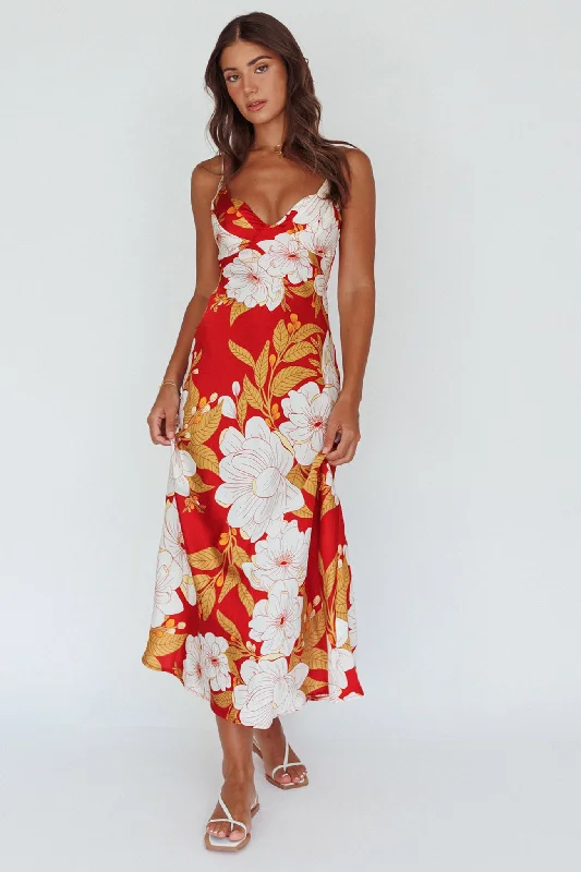 Midi dresses with satin - finish fabrics for a luxurious feel Infinity Pintuck Bust Midi Dress Flower Red Midi dresses with satin - finish fabrics for a luxurious feel Infinity Pintuck Bust Midi Dress Flower Red