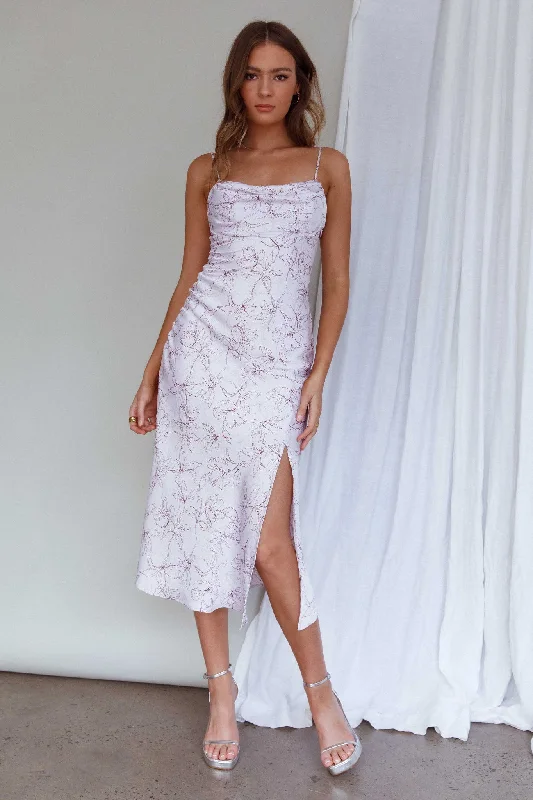 Midi dresses with denim fabric for a casual yet stylish day out Well Versed Pleated Bust Front Split Dress Flowers Lavender Midi dresses with denim fabric for a casual yet stylish day out Well Versed Pleated Bust Front Split Dress Flowers Lavender