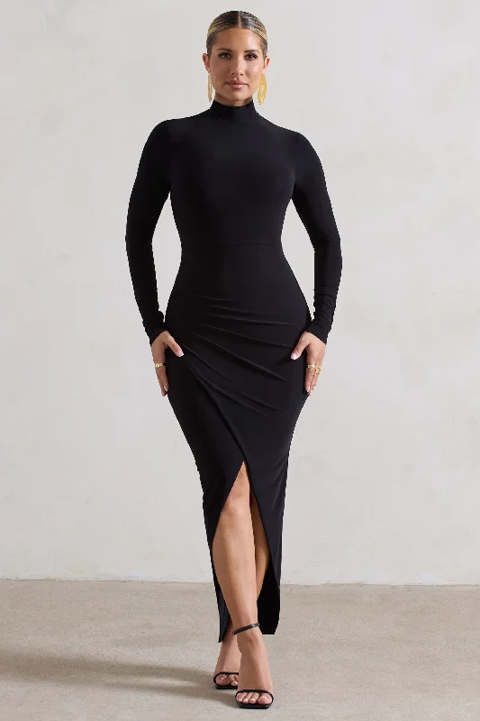 Midi dresses with pom - pom trims for a playful and festive look Soha | Black High-Neck Wrap Midi Dress