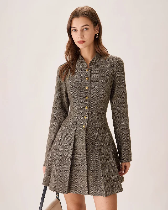 Mini dresses with puff sleeves for a vintage look Brown Button Pleated Mini Dress