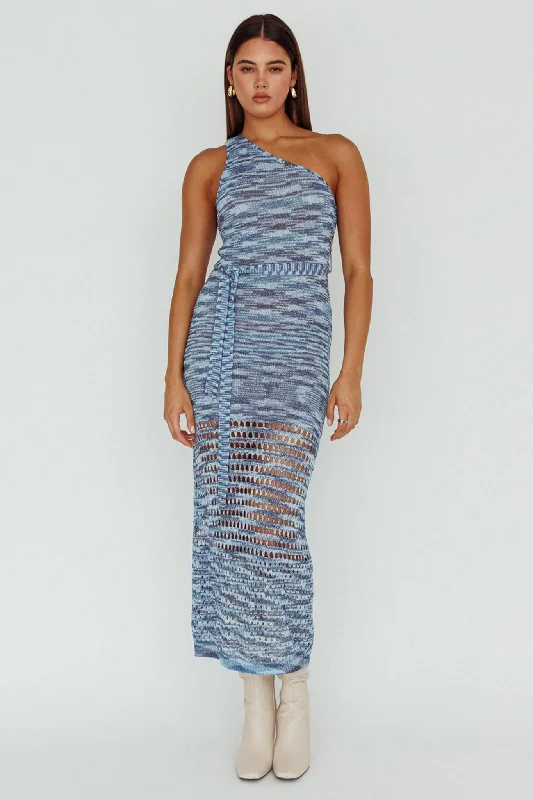 Midi dresses with pom - pom trims for a playful and festive look Tyanna One-Shoulder Knit Midi Dress Blue Multi Midi dresses with pom - pom trims for a playful and festive look Tyanna One-Shoulder Knit Midi Dress Blue Multi