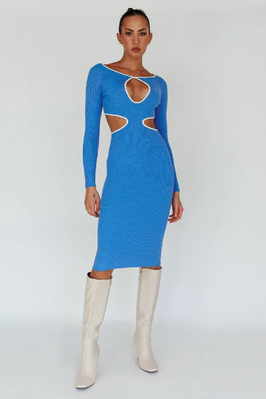 Maxi - inspired midi dresses with flowing fabrics for a beachy vibe Jovie Keyhole Knit Midi Dress Blue