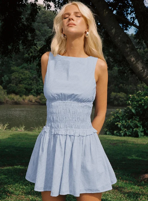 Mini dresses with halter necks for a stylish choice Yennifer Shirred Mini Dress Blue / White