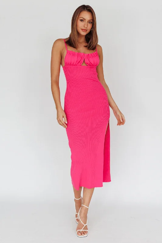Midi dresses with polka dot prints for a playful summer outfit Jelina Gathered Bust Knit Midi Dress Fuchsia Midi dresses with polka dot prints for a playful summer outfit Jelina Gathered Bust Knit Midi Dress Fuchsia